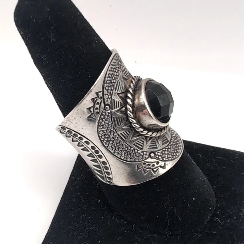 Vintage NF 925 Sterling Silver Faceted Black Stone Hematite Thai Thailand Ring